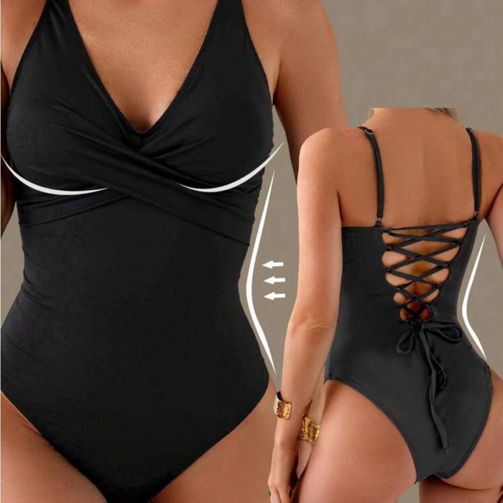 Black Lace-Up Tummy Control One Piece Swimsuit
